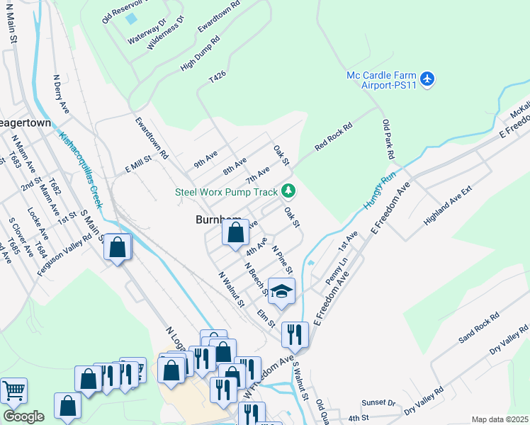 map of restaurants, bars, coffee shops, grocery stores, and more near 300-308 6th Avenue in Burnham