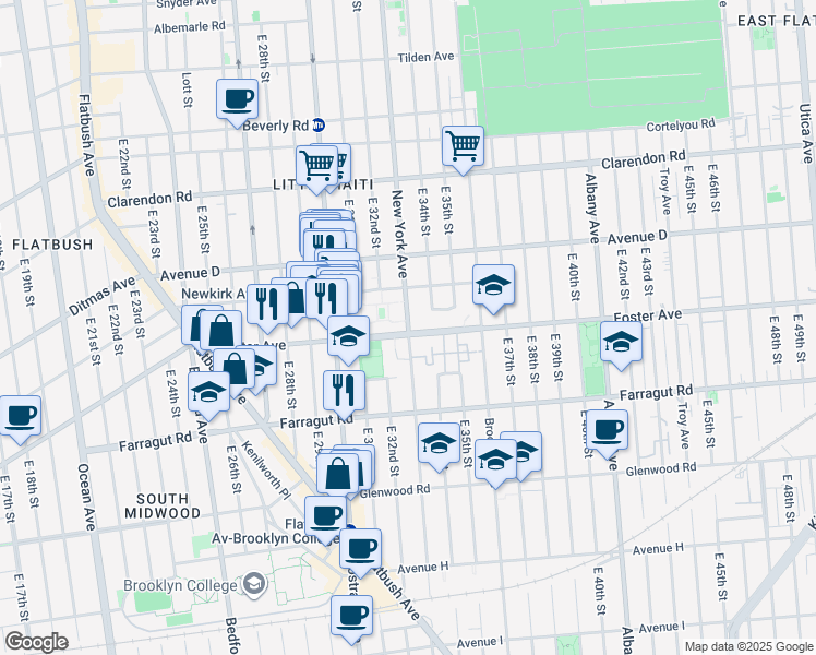 map of restaurants, bars, coffee shops, grocery stores, and more near 1390 New York Avenue in Brooklyn