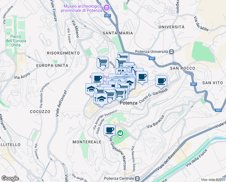 map of restaurants, bars, coffee shops, grocery stores, and more near 171 Via Pretoria in Potenza