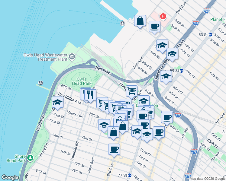 map of restaurants, bars, coffee shops, grocery stores, and more near 6645 Bergen Place in Brooklyn