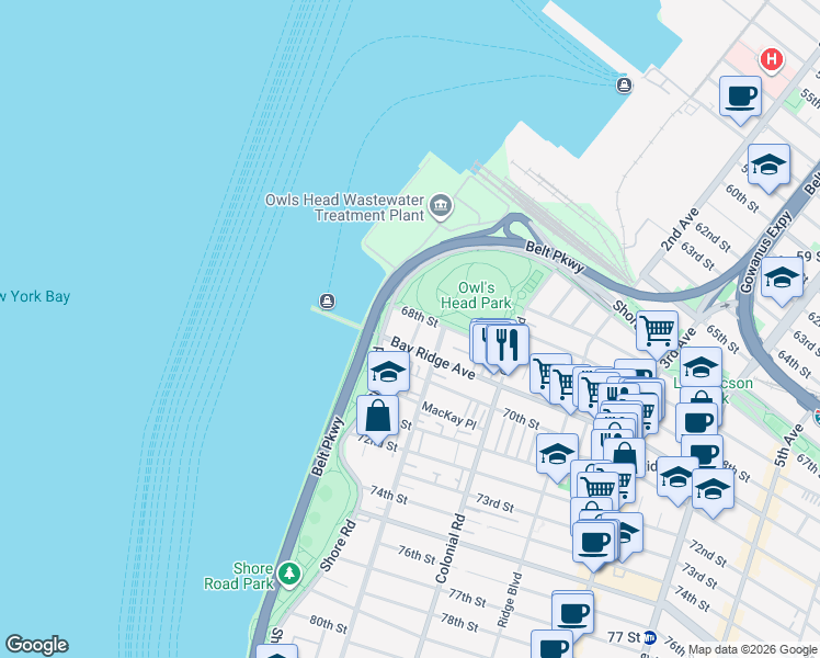 map of restaurants, bars, coffee shops, grocery stores, and more near 2 68th Street in Brooklyn
