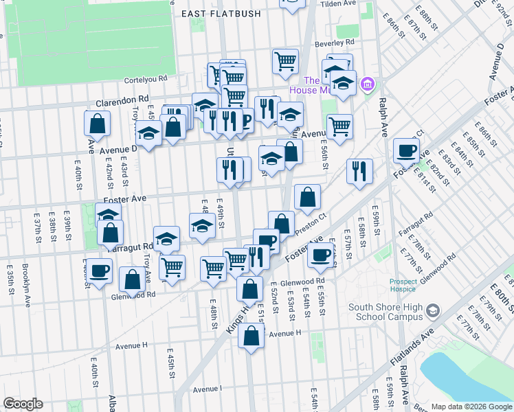 map of restaurants, bars, coffee shops, grocery stores, and more near 846 East 52nd Street in Brooklyn