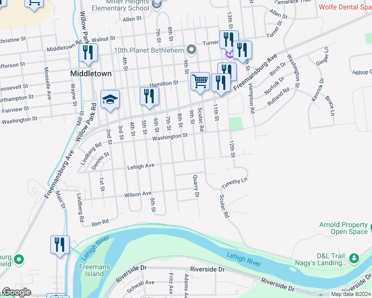 map of restaurants, bars, coffee shops, grocery stores, and more near 1624 8th Street in Bethlehem