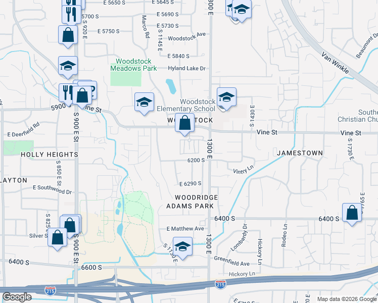 map of restaurants, bars, coffee shops, grocery stores, and more near 6140 Vine Park Drive in Murray