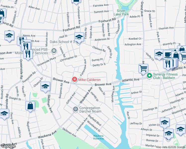 map of restaurants, bars, coffee shops, grocery stores, and more near 505 Sunnybrook Drive East in Oceanside