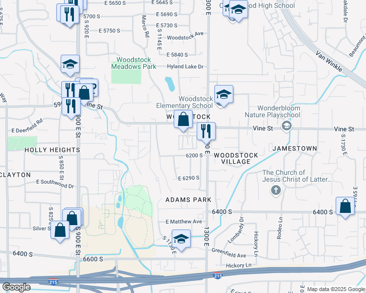 map of restaurants, bars, coffee shops, grocery stores, and more near 6175 South 1220 East in Salt Lake City