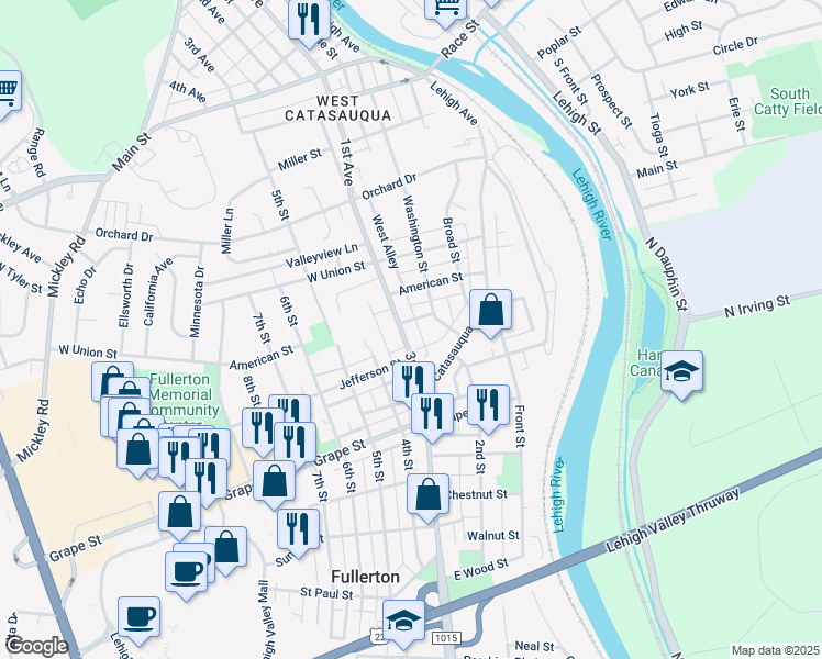 map of restaurants, bars, coffee shops, grocery stores, and more near 1027 3rd Street in Whitehall