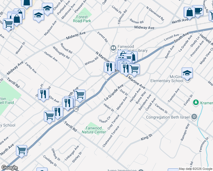 map of restaurants, bars, coffee shops, grocery stores, and more near 191 South Avenue in Fanwood