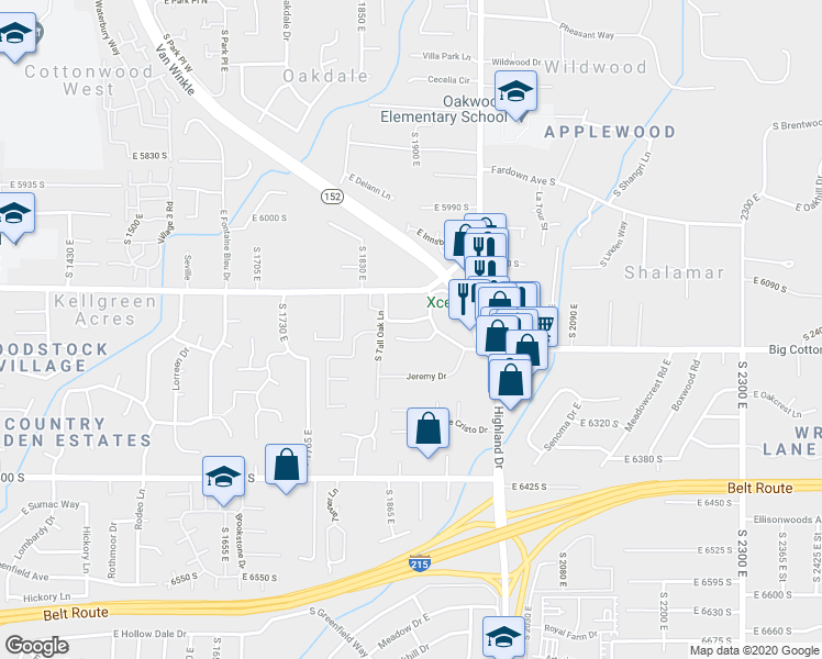 map of restaurants, bars, coffee shops, grocery stores, and more near 6156 Jeremy Circle in Murray