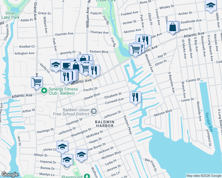 map of restaurants, bars, coffee shops, grocery stores, and more near 1074 Pacific Street in Baldwin
