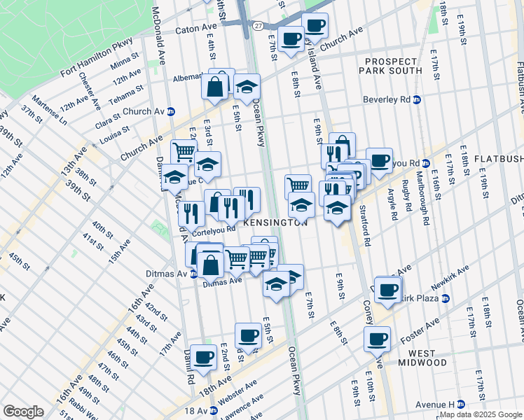 map of restaurants, bars, coffee shops, grocery stores, and more near 386 Ocean Parkway Service Road in Brooklyn