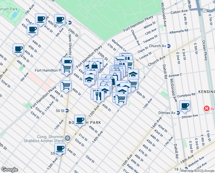 map of restaurants, bars, coffee shops, grocery stores, and more near 1249 42nd Street in Brooklyn