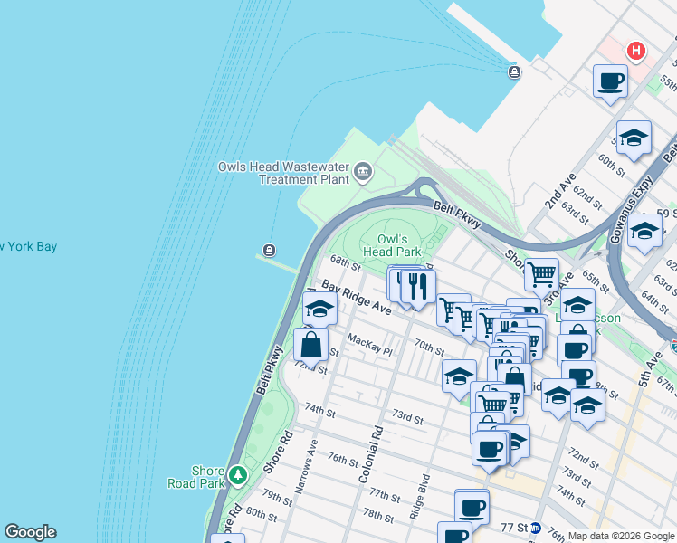 map of restaurants, bars, coffee shops, grocery stores, and more near 2 68th Street in Brooklyn