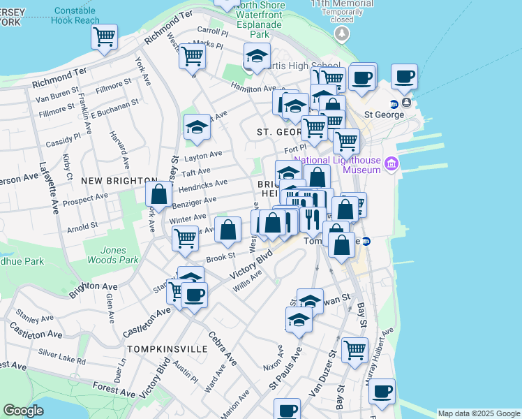 map of restaurants, bars, coffee shops, grocery stores, and more near 354 Westervelt Avenue in Staten Island