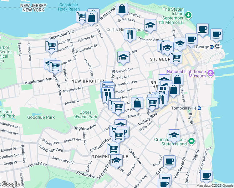 map of restaurants, bars, coffee shops, grocery stores, and more near 231 Benziger Avenue in Staten Island