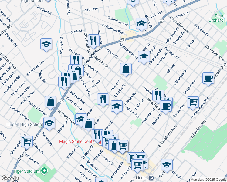 map of restaurants, bars, coffee shops, grocery stores, and more near 715 Clark Street in Linden