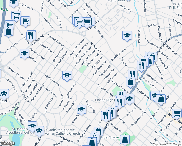 map of restaurants, bars, coffee shops, grocery stores, and more near 122 Palisade Road in Linden