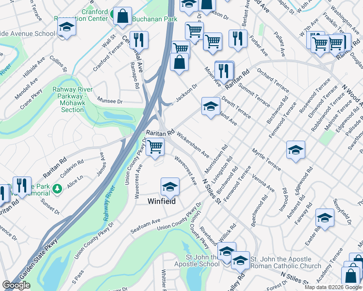 map of restaurants, bars, coffee shops, grocery stores, and more near 2830 Wickersham Avenue in Linden