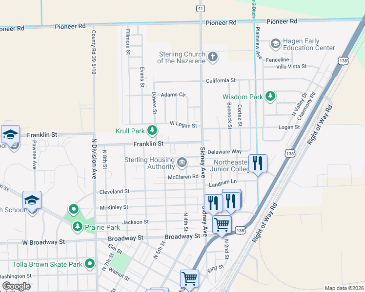 map of restaurants, bars, coffee shops, grocery stores, and more near 5995 County Road 53 in Sterling
