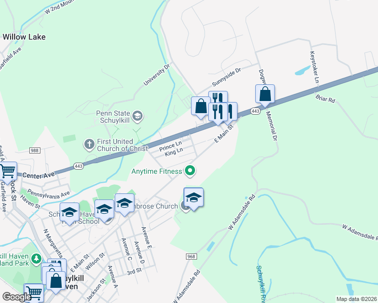 map of restaurants, bars, coffee shops, grocery stores, and more near 8 Prince Lane in Schuylkill Haven