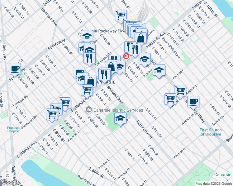 map of restaurants, bars, coffee shops, grocery stores, and more near 1195 East 91st Street in Brooklyn
