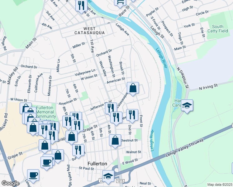 map of restaurants, bars, coffee shops, grocery stores, and more near 213 Center Street in Fullerton