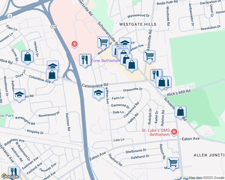 map of restaurants, bars, coffee shops, grocery stores, and more near 1552 Greenview Drive in Bethlehem