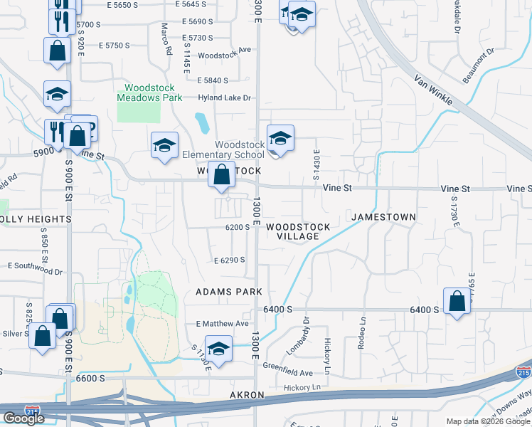 map of restaurants, bars, coffee shops, grocery stores, and more near 6163 South 1300 East in Salt Lake City