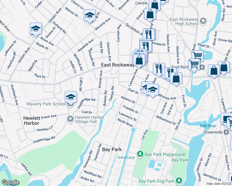 map of restaurants, bars, coffee shops, grocery stores, and more near 12 Adams Street in East Rockaway