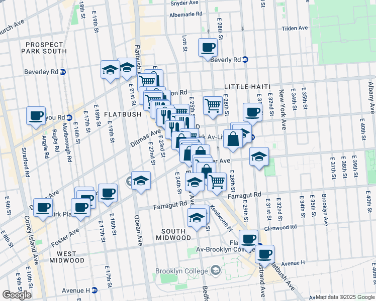 map of restaurants, bars, coffee shops, grocery stores, and more near 1267 Flatbush Avenue in Brooklyn
