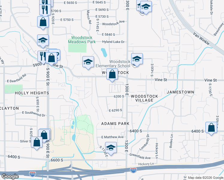 map of restaurants, bars, coffee shops, grocery stores, and more near 6166 South 1220 East in Salt Lake City