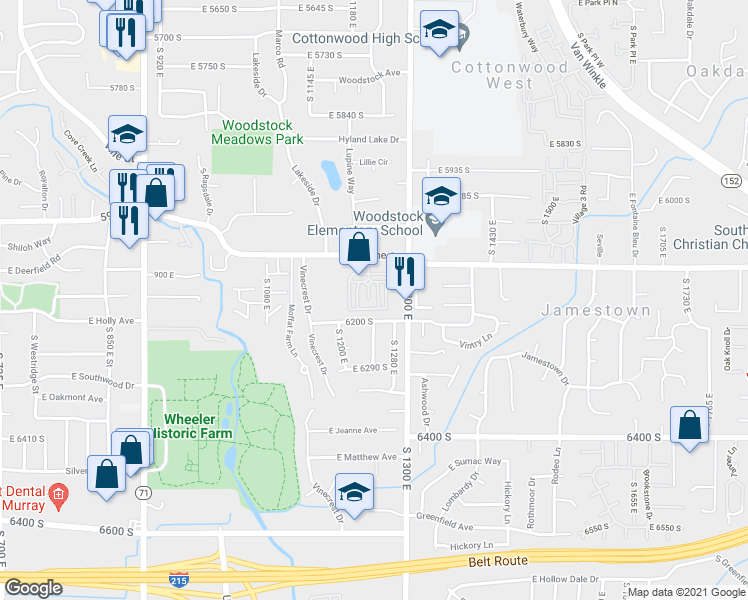 map of restaurants, bars, coffee shops, grocery stores, and more near 6166 Vine Hill Lane in Murray
