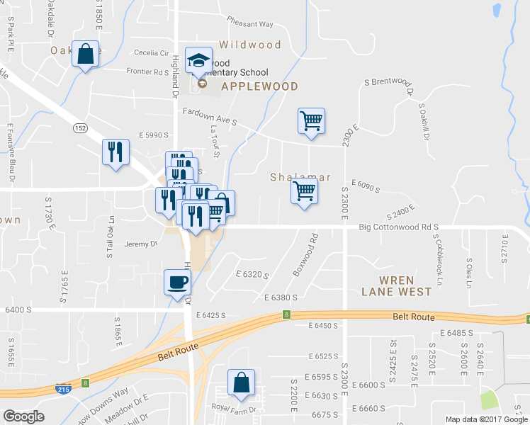 map of restaurants, bars, coffee shops, grocery stores, and more near 6161 Murdoch Woods Place in Holladay