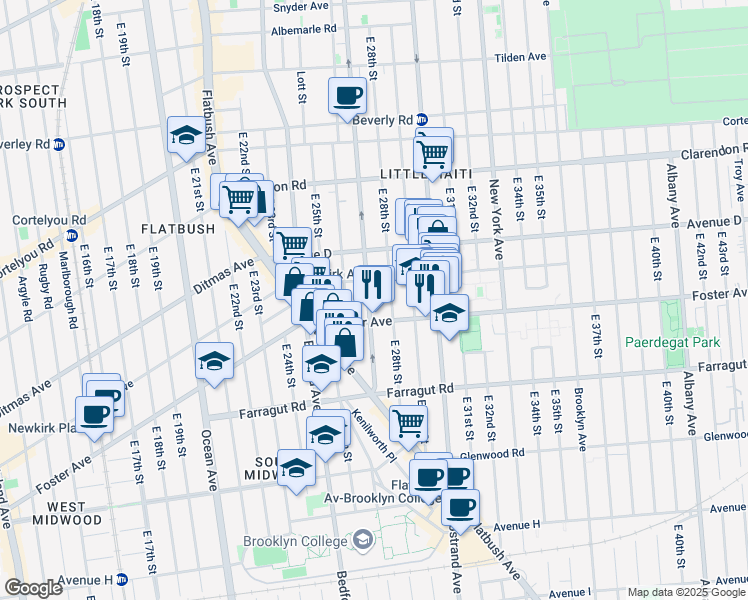 map of restaurants, bars, coffee shops, grocery stores, and more near 1257 Rogers Avenue in Brooklyn