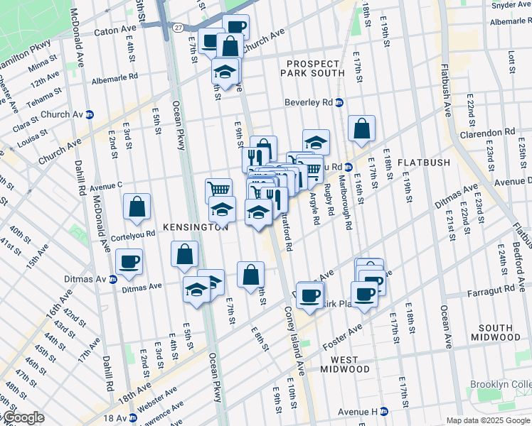 map of restaurants, bars, coffee shops, grocery stores, and more near 752 Coney Island Avenue in Brooklyn
