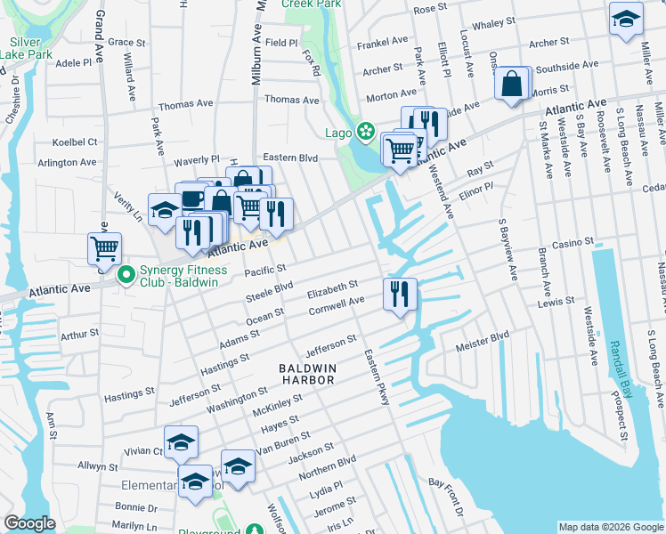 map of restaurants, bars, coffee shops, grocery stores, and more near 1074 Pacific Street in Baldwin