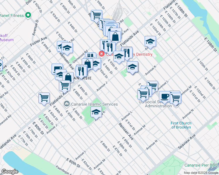 map of restaurants, bars, coffee shops, grocery stores, and more near 9218 Avenue J in Brooklyn