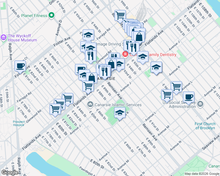 map of restaurants, bars, coffee shops, grocery stores, and more near 1243 Remsen Avenue in Brooklyn