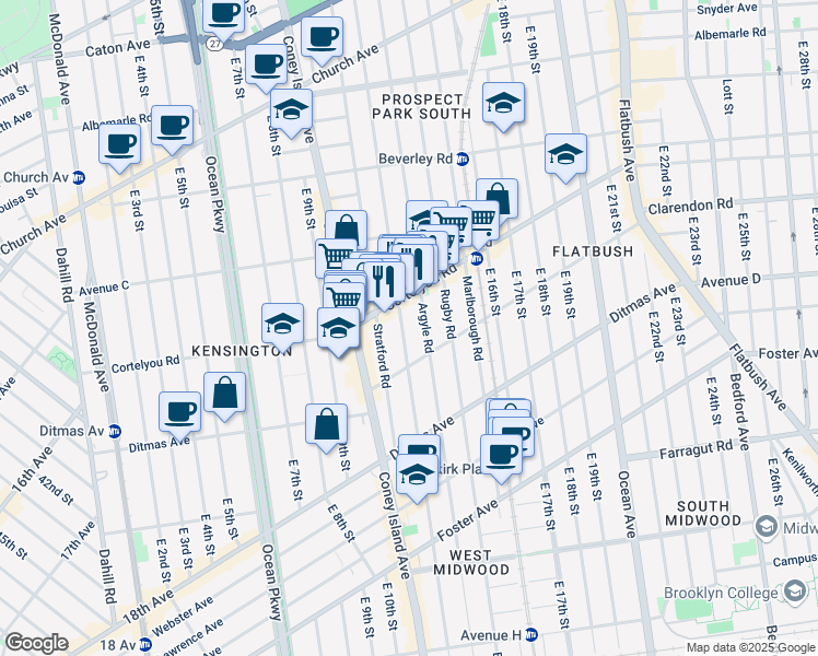 map of restaurants, bars, coffee shops, grocery stores, and more near 400 Argyle Road in Brooklyn