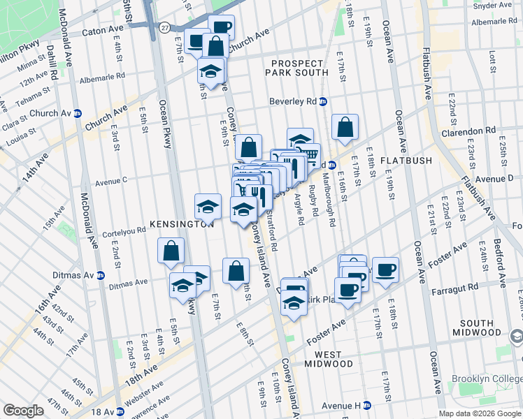 map of restaurants, bars, coffee shops, grocery stores, and more near 1022 Cortelyou Road in Brooklyn
