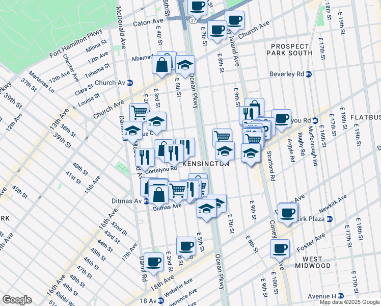 map of restaurants, bars, coffee shops, grocery stores, and more near 539 East 5th Street in Brooklyn