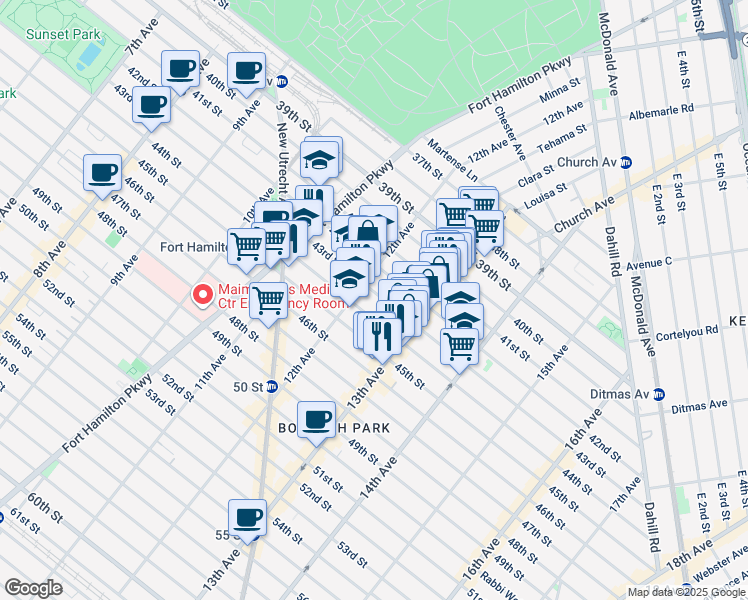 map of restaurants, bars, coffee shops, grocery stores, and more near 1212 43rd Street in Brooklyn