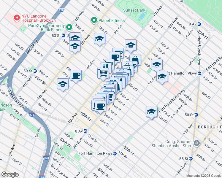 map of restaurants, bars, coffee shops, grocery stores, and more near 751 54th Street in Brooklyn