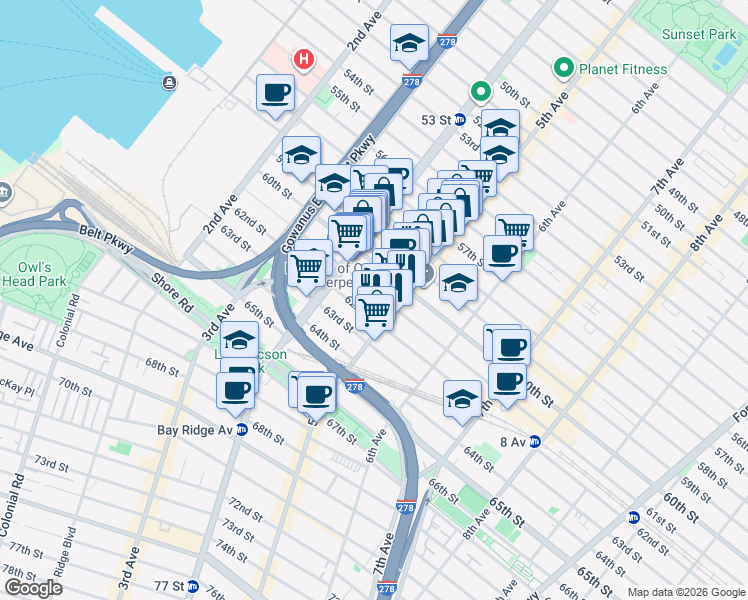 map of restaurants, bars, coffee shops, grocery stores, and more near 455 61st Street in Brooklyn