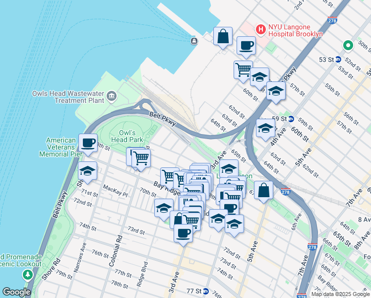 map of restaurants, bars, coffee shops, grocery stores, and more near 6601 Ridge Court in Brooklyn