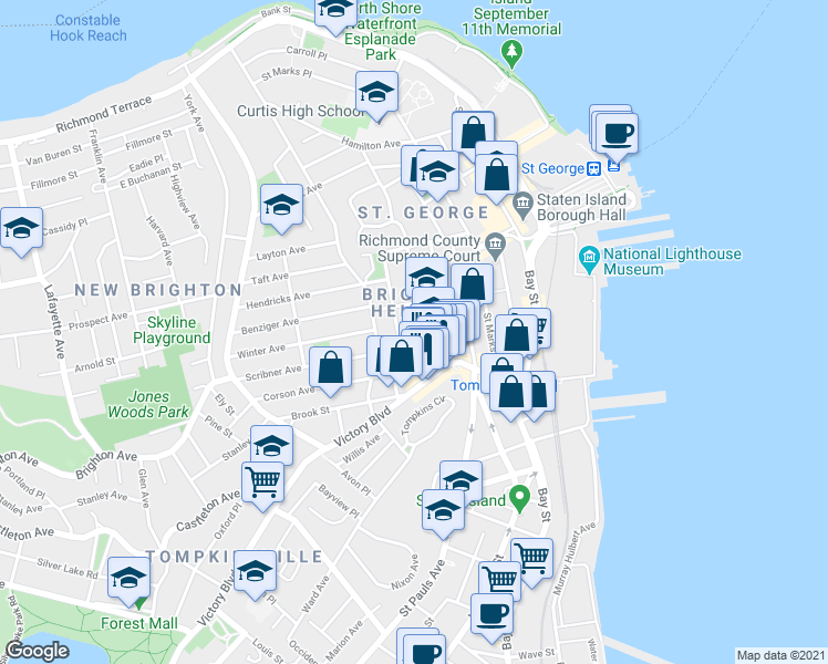 map of restaurants, bars, coffee shops, grocery stores, and more near in Staten Island