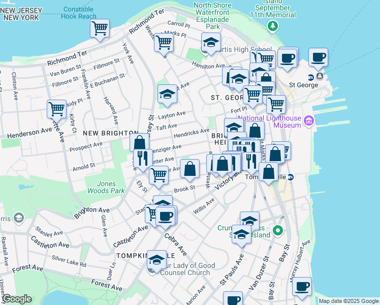 map of restaurants, bars, coffee shops, grocery stores, and more near 150 Benziger Avenue in Staten Island