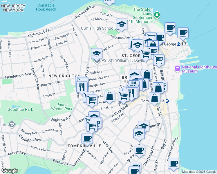 map of restaurants, bars, coffee shops, grocery stores, and more near 150 Benziger Avenue in Staten Island