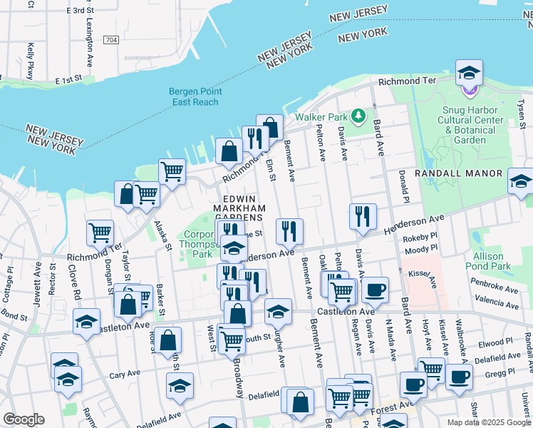 map of restaurants, bars, coffee shops, grocery stores, and more near 83 North Burgher Avenue in Staten Island