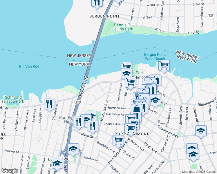 map of restaurants, bars, coffee shops, grocery stores, and more near 2298 Richmond Terrace in Staten Island